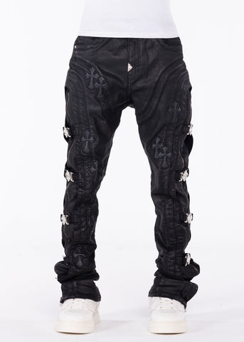 GUAPI ALL BLK CROSS BUCKLE DENIM