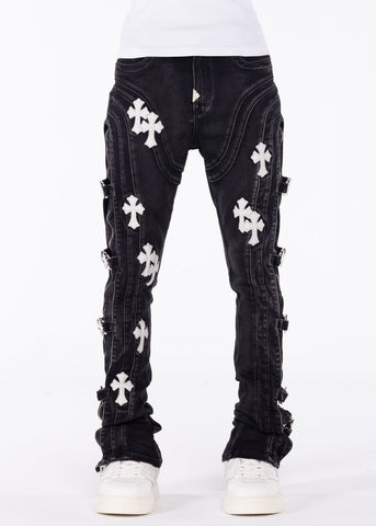 GUAPI OBSIDIAN BLACK CROSS BUCKLE DENIM